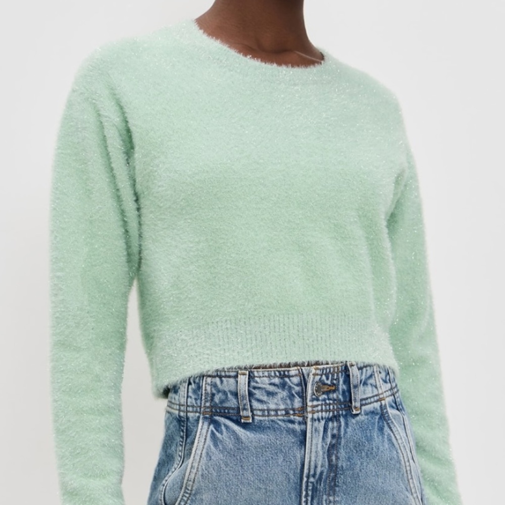 LE BOP Tinsel Cropped Sweater in Mint (NWT)